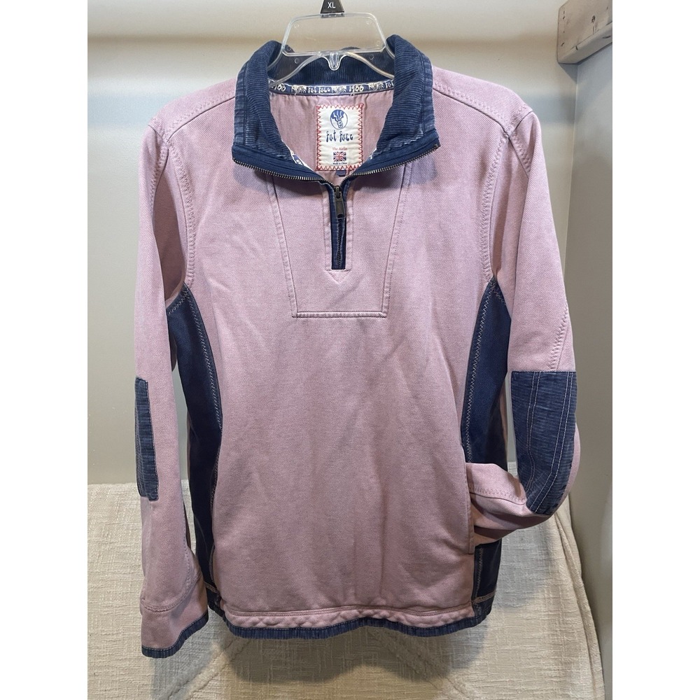 Fat Face Airlie 1/4 Zip Pullover M Pink Blue Trim Elbow Patch Pockets Cotton